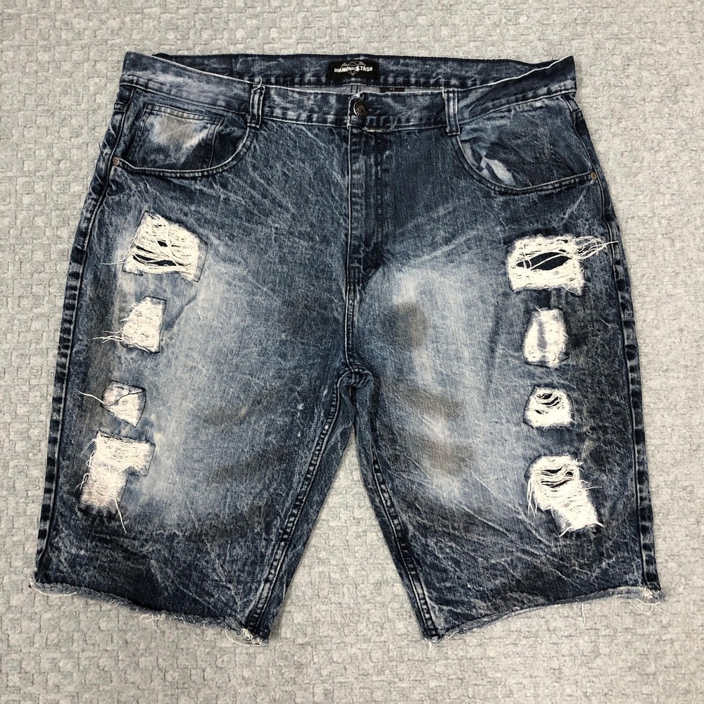 Diamond Stash Shorts Mens 44 Blue Acid Wash Distressed Denim Bermuda Jorts Skate